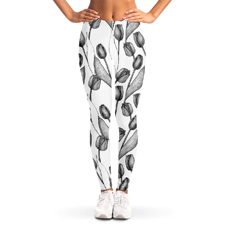 Black And White Tulip Pattern Print Women's Leggings Elegant Shiny Black Leggings