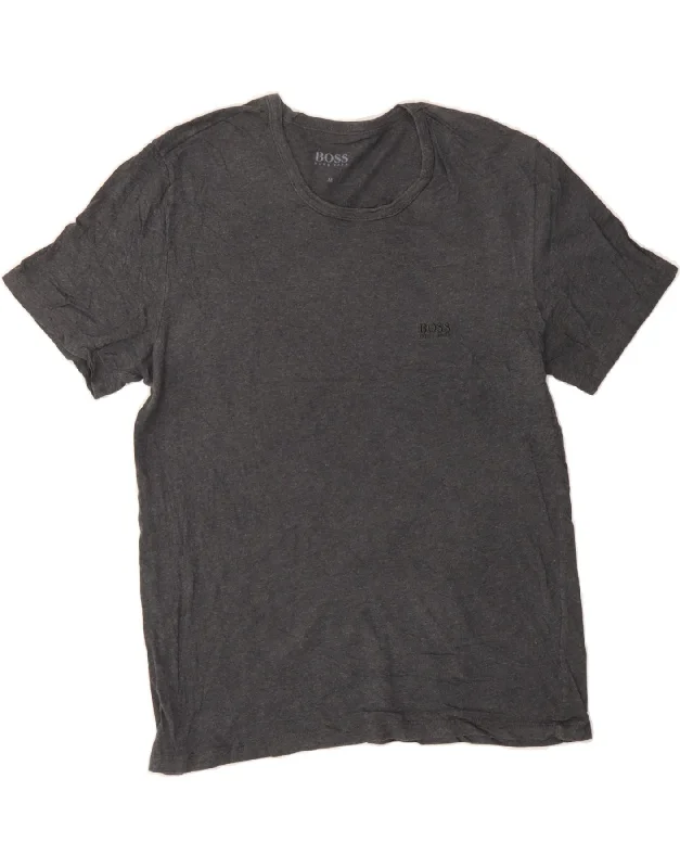 HUGO BOSS Womens T-Shirt Top UK 14 Medium Grey Cotton Knit Fabric Woven Fabric Fleece Fabric