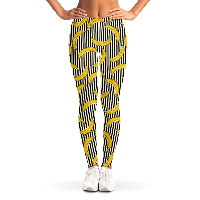 Black Striped Banana Pattern Print Women's Leggings Stylish High-Waisted Leggings