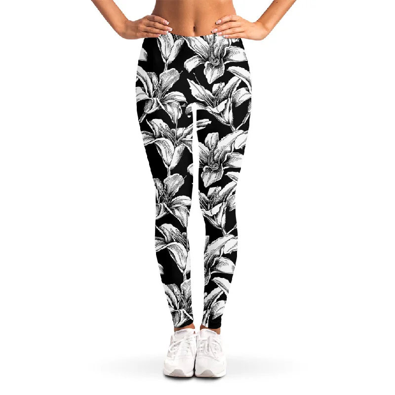 Black And White Lily Pattern Print Women's Leggings Cozy Oversized Leggings
