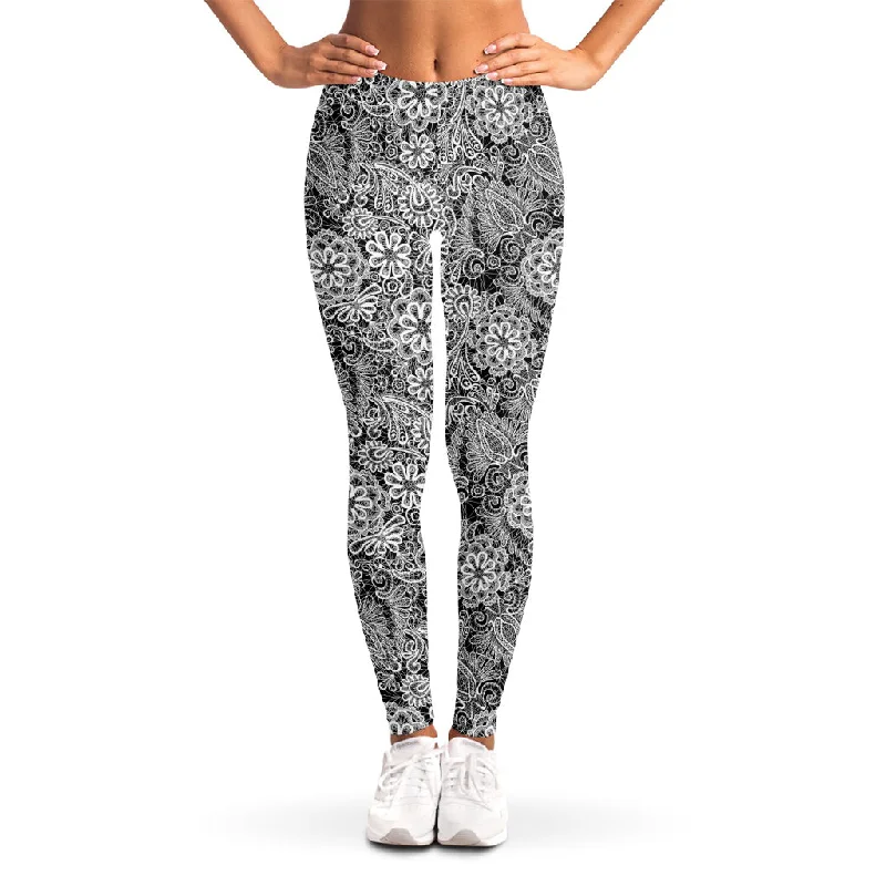 Black And White Western Flower Print Women's Leggings Stylish Printed Stretch Leggings