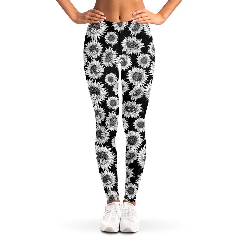 Black And White Sunflower Pattern Print Women's Leggings Fashionable Sports Compression Leggings
