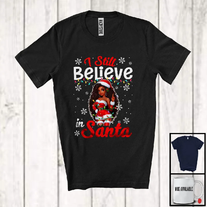 I Still Believe In Santa; Humorous Christmas Santa Afro Women; Black African American Family T-Shirt Striped Floral Plaid