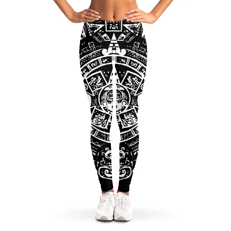 Black And White Maya Calendar Print Women's Leggings Stylish Stretch Pants Leggings