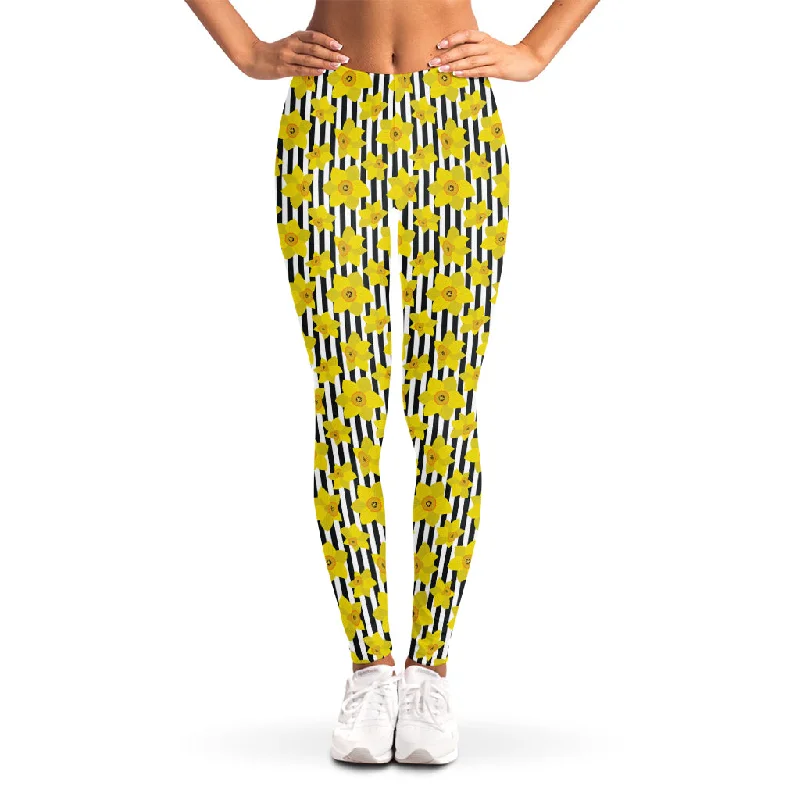 Black Striped Daffodil Pattern Print Women's Leggings Chic Workout Leggings