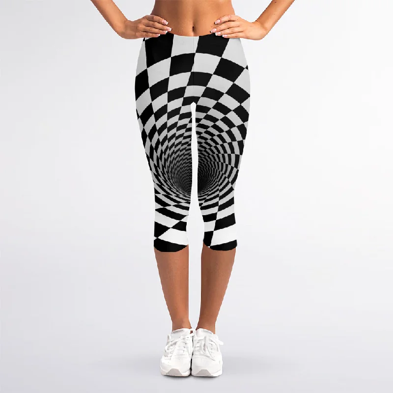 Black And White Hypnotic Illusion Print Women's Capri Leggings Cozy Full-Length Workout Leggings
