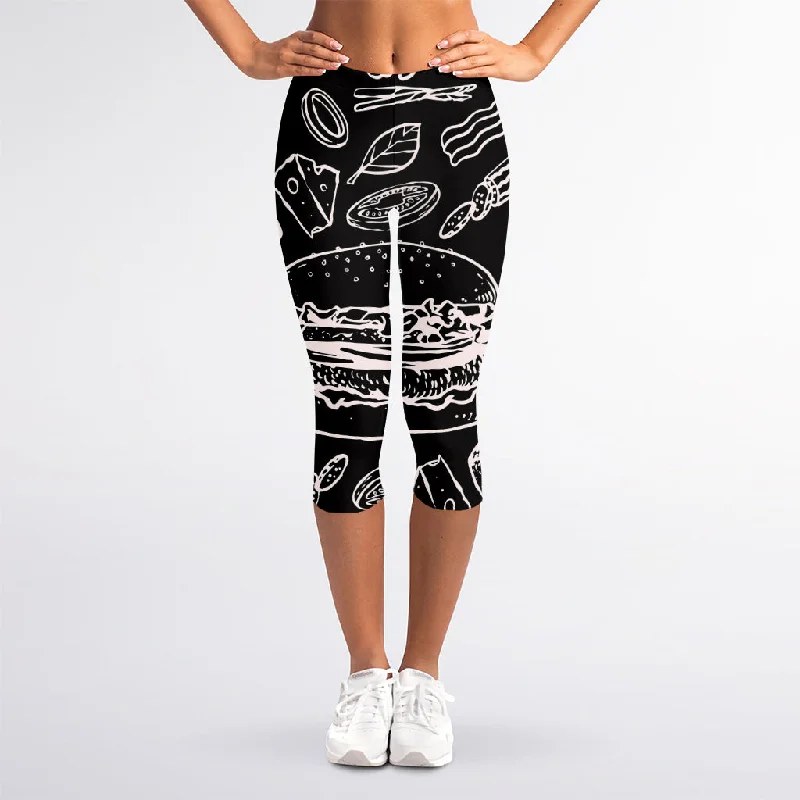 Black And White Hamburger Print Women's Capri Leggings Cozy Warmth Leggings