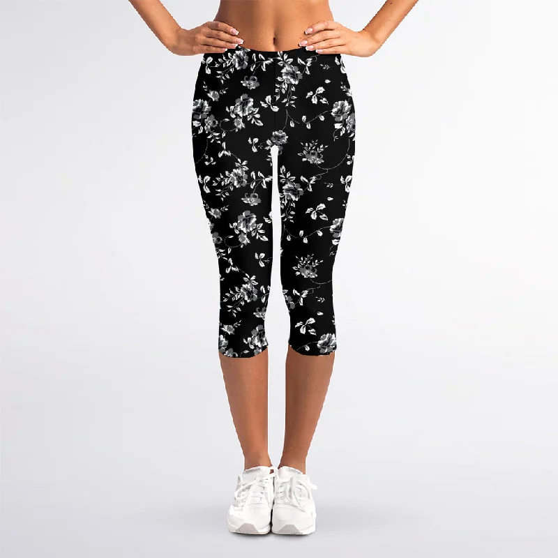 Black And White Flower Print Women's Capri Leggings Trendy Fitness Leggings