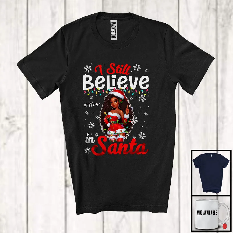 Personalized I Still Believe In Santa; Lovely Christmas Lights Custom Name Afro Women Santa T-Shirt Chenille Blend Fleece Blend Nylon Blend