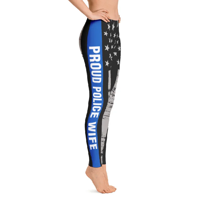 Proud Police Wife Thin Blue Line Flag Leggings Trendy Sporty Compression Leggings