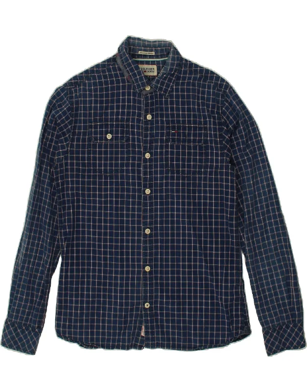 TOMMY HILFIGER Mens Shirt Small Navy Blue Check Cotton Silk Blend Satin Velvet