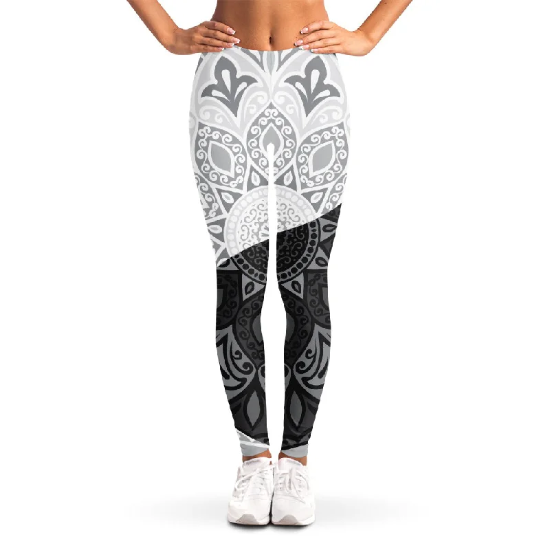Black And White Yin Yang Mandala Print Women's Leggings Elegant Black Leggings