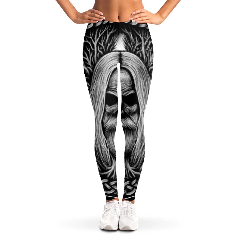 Black And White Odin With Crows Print Women's Leggings Stylish Camo Print Leggings