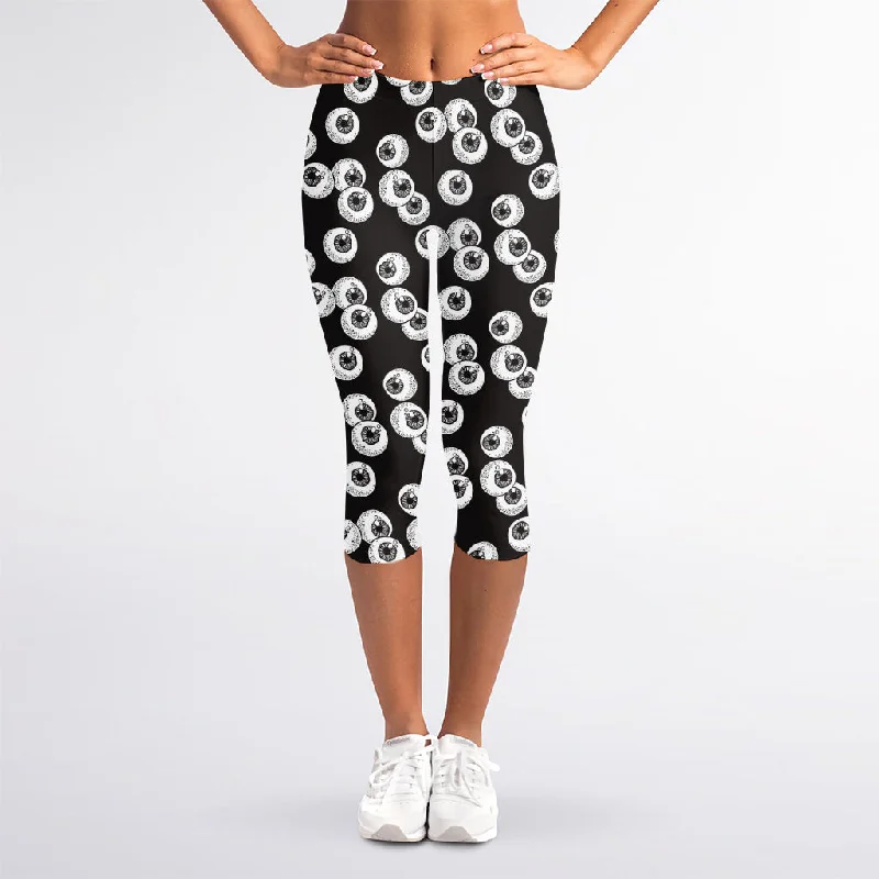 Black And White Eyeball Pattern Print Women's Capri Leggings Elegant Sheer Leggings