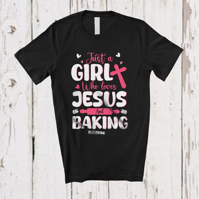 Personalized Custom Name Girl Who Loves Jesus And Baking; Adorable Baker Baking; Women Family T-Shirt Notch Collar Peter Pan Collar Cowl Neck