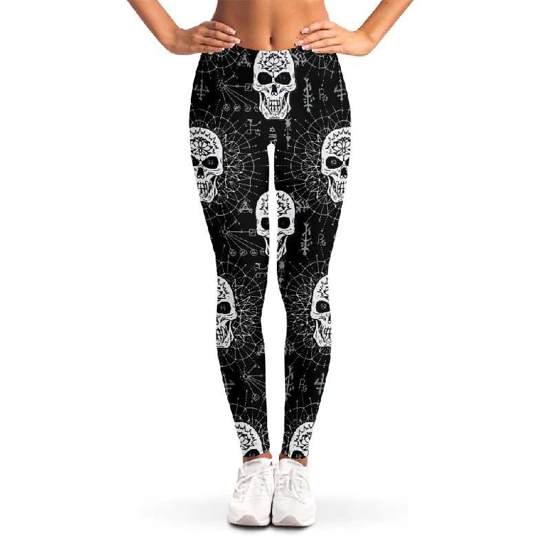 Black And White Wicca Evil Skull Print Women's Leggings Elegant Metallic Leggings