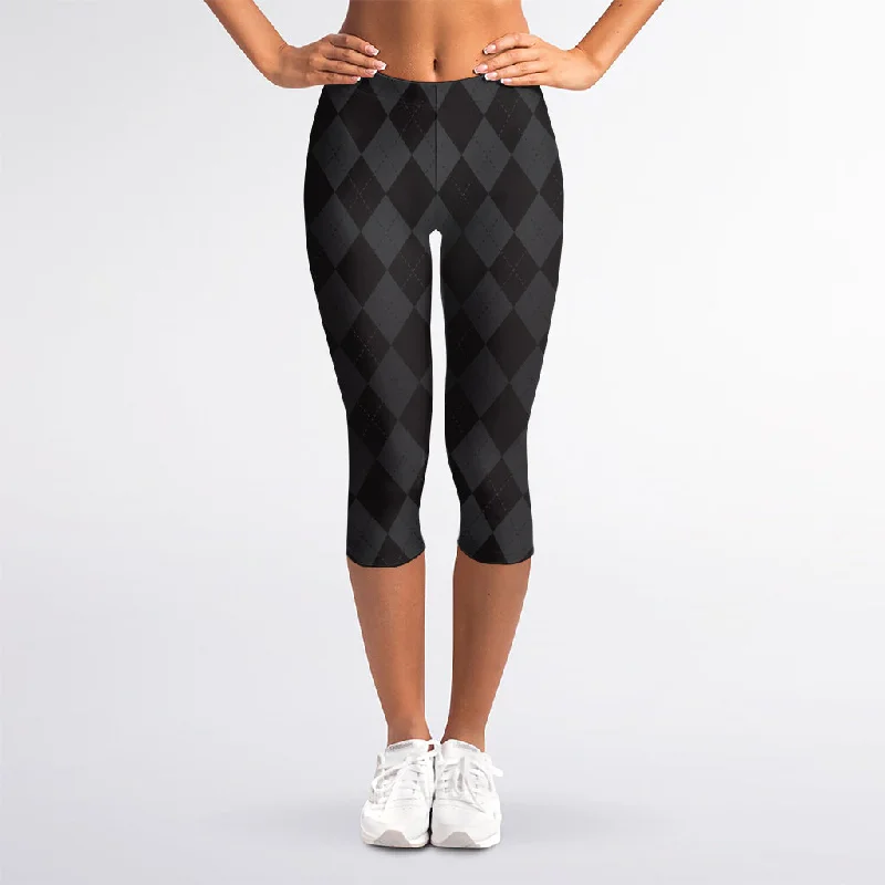 Black And Grey Argyle Pattern Print Women's Capri Leggings Fashionable High-Rise Leggings