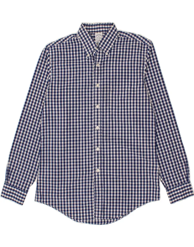BROOKS BROTHERS Mens NON - IRON Shirt Medium Navy Blue Gingham Cotton Handmade Hand-knitted Hand-woven