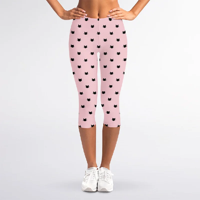 Black And Pink Cat Pattern Print Women's Capri Leggings Stylish Ankle-Length Leggings