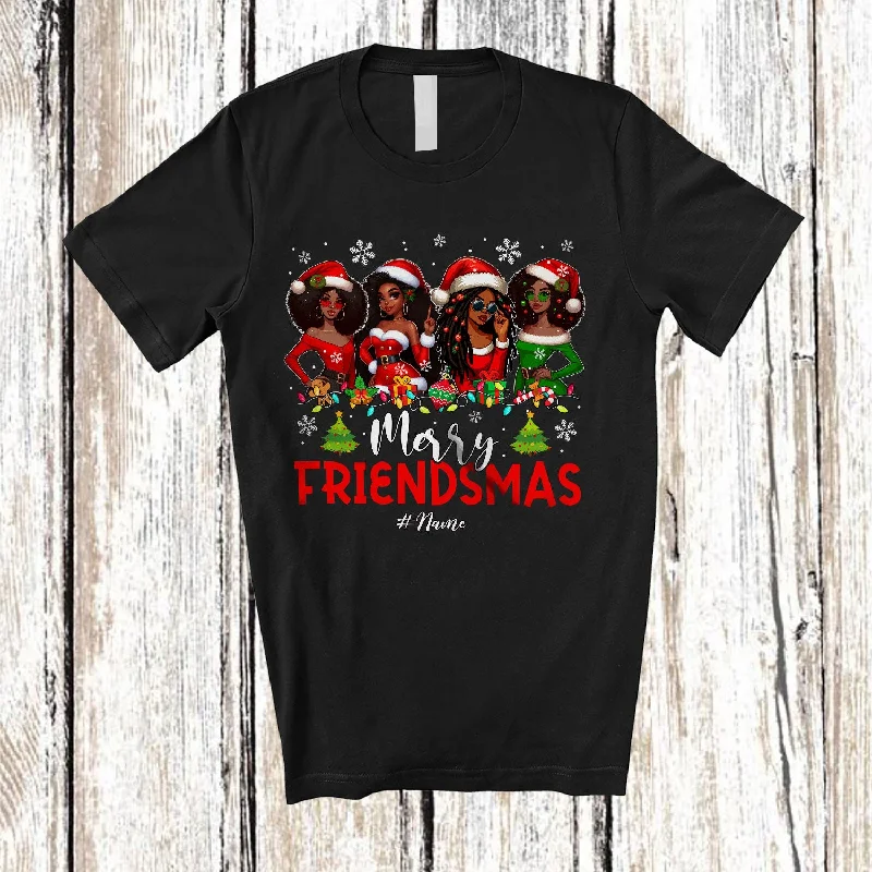 Personalized Merry Friendsmas; Amusing Christmas Custom Name Santa African Black Women Afro; Family T-Shirt Houndstooth Herringbone Solid