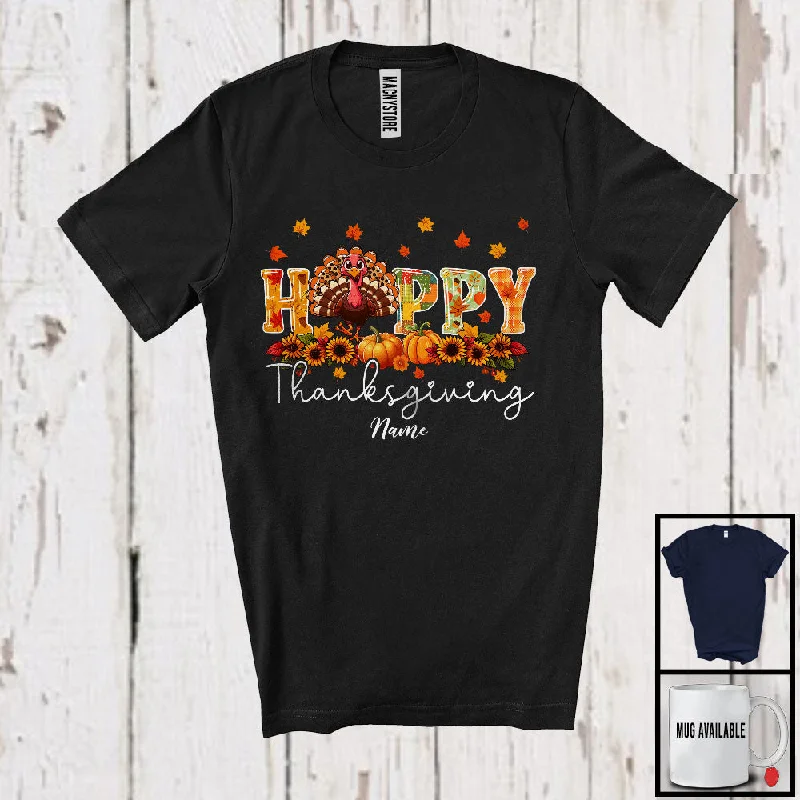 Personalized Happy Thanksgiving; Adorable Custom Name Turkey Sunflower; Women Family Group T-Shirt Solid Print Embellished