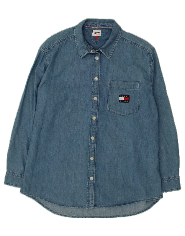 TOMMY HILFIGER Womens Oversized Denim Shirt UK 16 Large Blue Ribbed Striped Patterned