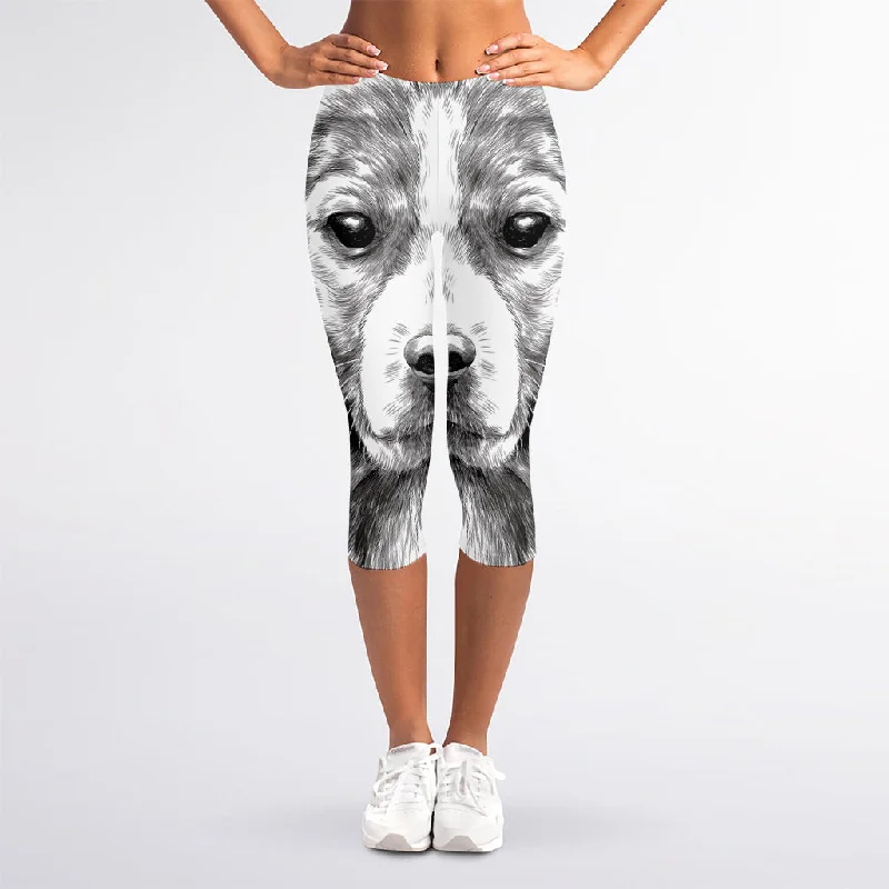 Black And White Drawing Beagle Print Women's Capri Leggings Trendy Leather-Look Workout Leggings