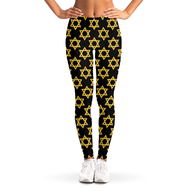 Black And Yellow Star of David Print Women's Leggings Fashionable Full-Length Active Leggings