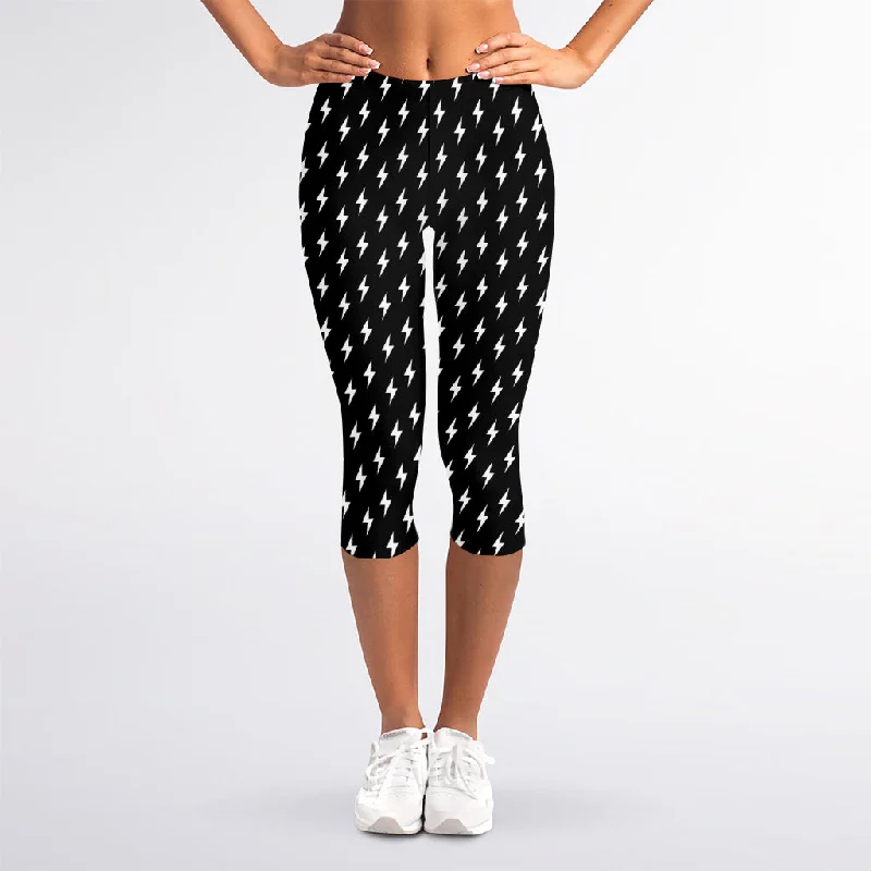Black And White Lightning Pattern Print Women's Capri Leggings Classic Solid Color Leggings