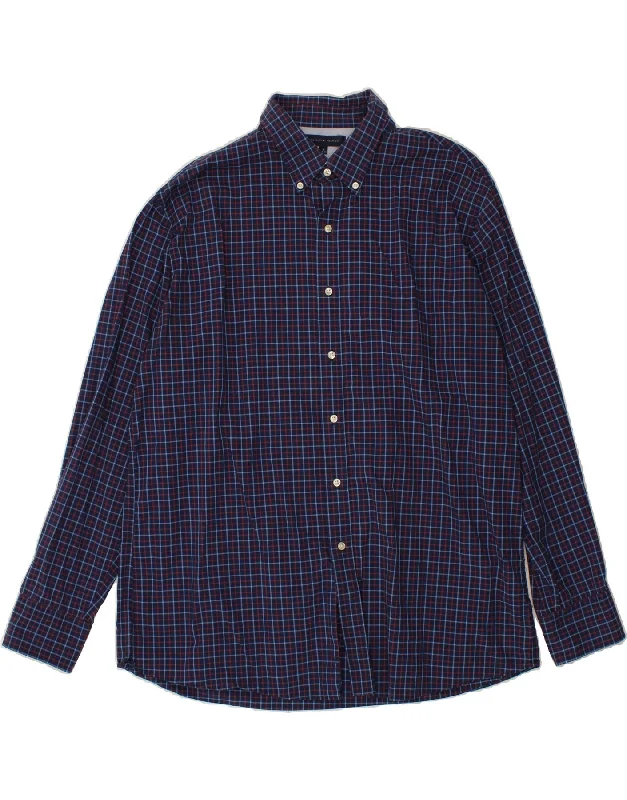 TOMMY HILFIGER Mens Shirt Size 16 Large Navy Blue Check Cotton Zippered Buttoned Snapped