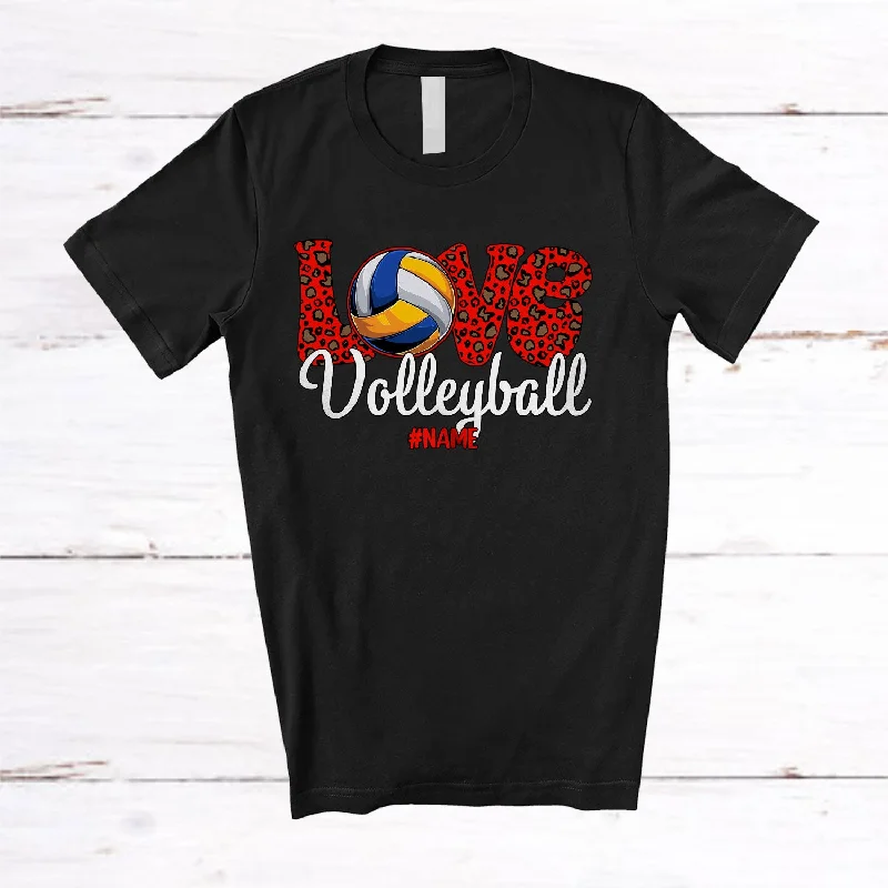 Personalized LOVE Volleyball; Amazing Valentine Leopard Volleyball; Women Custom Name Player T-Shirt Chenille Fabric Brocade Fabric Lace Fabric