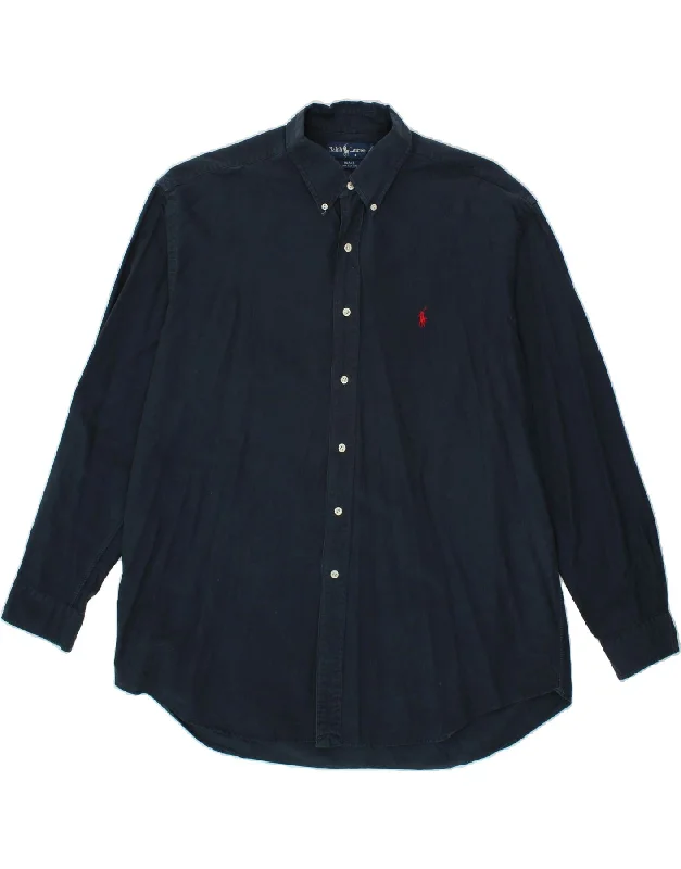 RALPH LAUREN Mens Blake Loose Fit Shirt XL Navy Blue Cotton Satin Blend Silk Blend Wool Blend