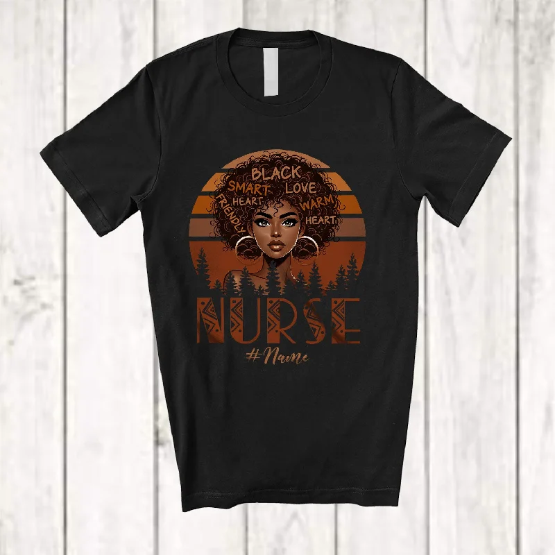 Personalized Vintage Retro Nurse; Amusing Black History Month Custom Name Afro Women Hair T-Shirt Houndstooth Herringbone Solid