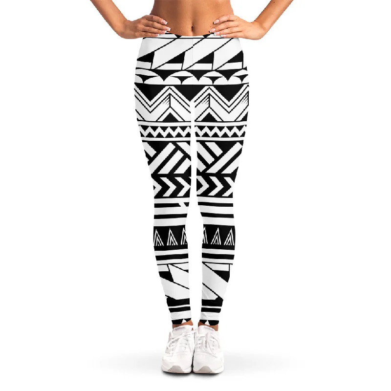 Black And White Polynesian Pattern Print Women's Leggings Comfortable Compression Leggings