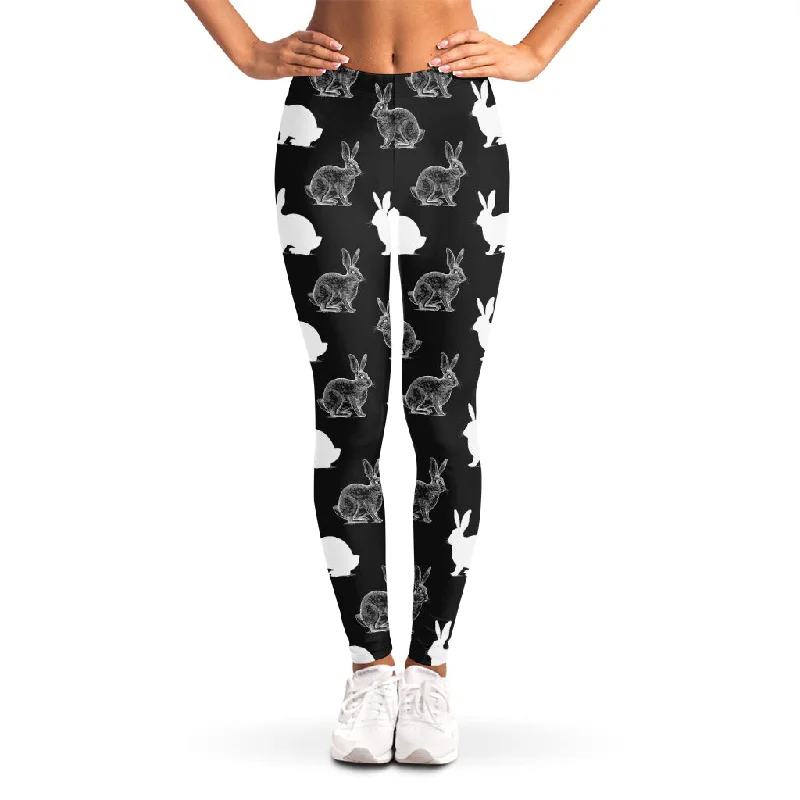 Black And White Rabbit Pattern Print Women's Leggings Elegant Black Leggings