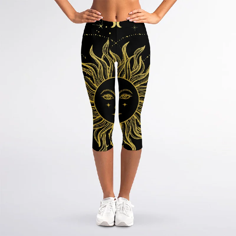 Black And Gold Celestial Sun Print Women's Capri Leggings Trendy High-Waist Tummy Control Leggings