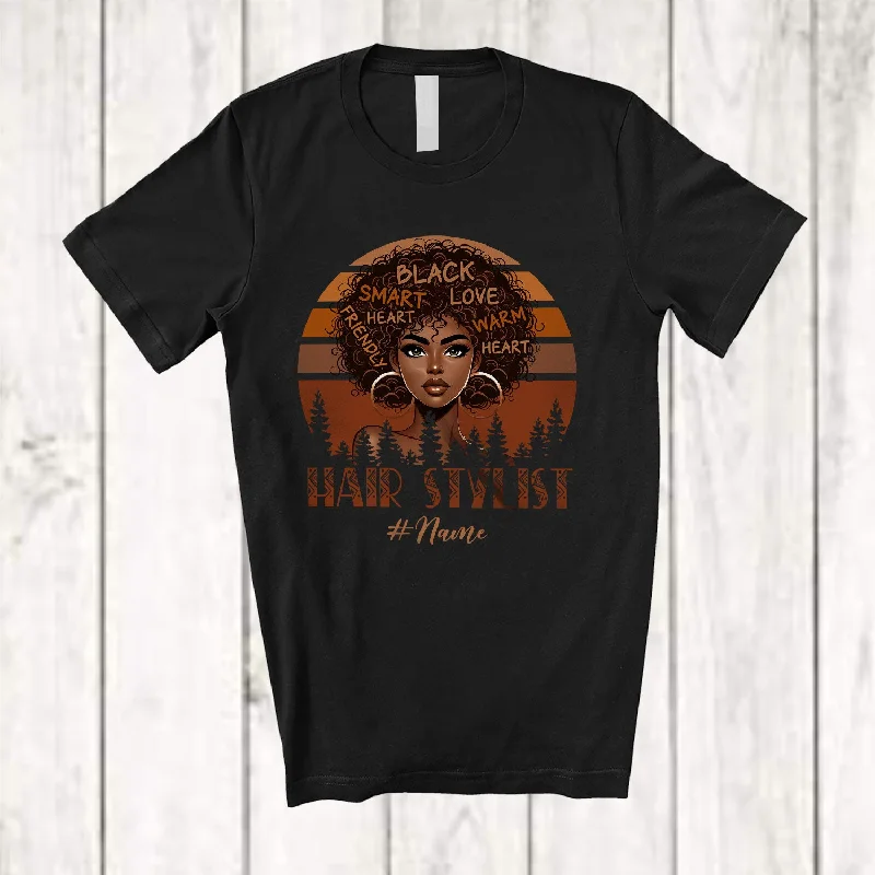 Personalized Vintage Retro Hair Stylist; Amusing Black History Month Custom Name Afro Women Hair T-Shirt Collared Crew Neck Turtle Neck