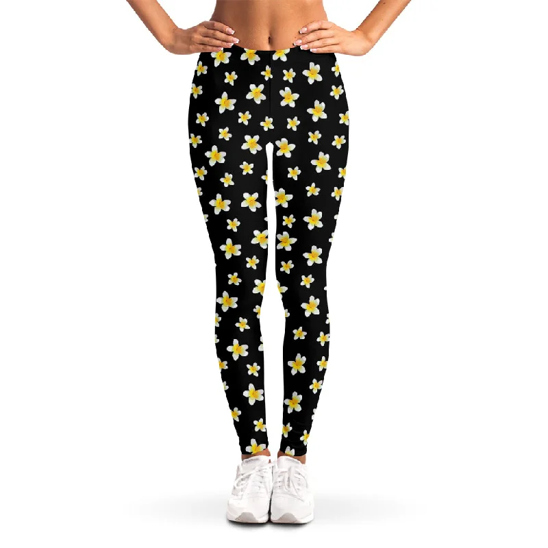 Black Plumeria Flower Pattern Print Women's Leggings Stylish Ankle-Length Leggings