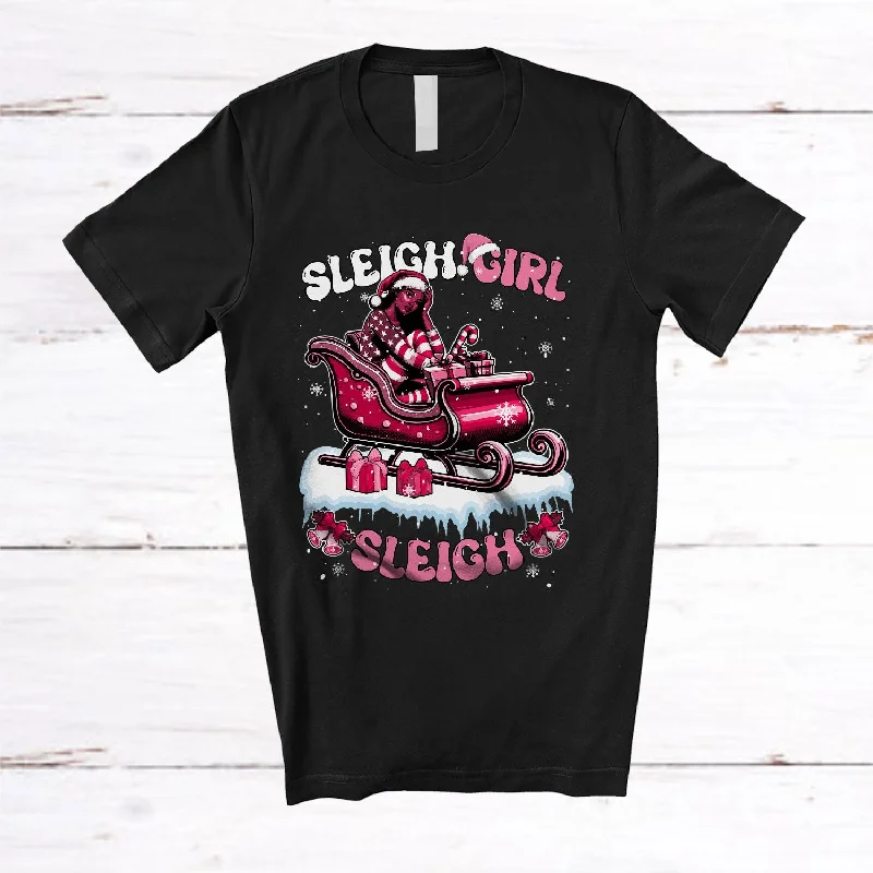 Sleigh Girl; Awesome Christmas Groovy Pink Santa African American Afro Women; Family T-Shirt Solid Color Striped Floral