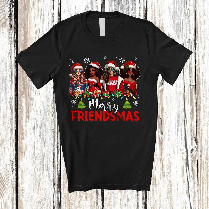 Merry Friendsmas; Adorable Christmas Lights Santa African American Women; Friends Group.png T-Shirt Collared Crew Neck Turtle Neck
