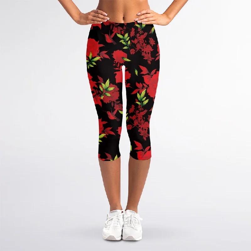 Black And Red Roses Floral Print Women's Capri Leggings Cozy Textured Workout Leggings