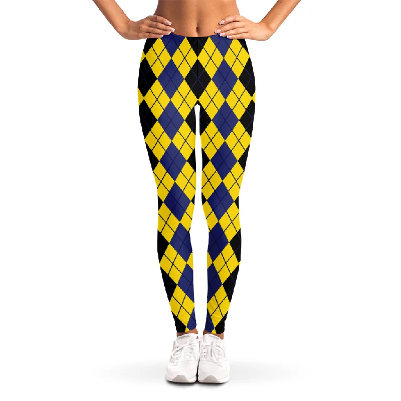 Black Blue And Yellow Argyle Print Women's Leggings Trendy Sporty Compression Leggings