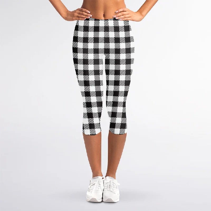 Black And White Gingham Pattern Print Women's Capri Leggings Stylish Sweatproof Leggings