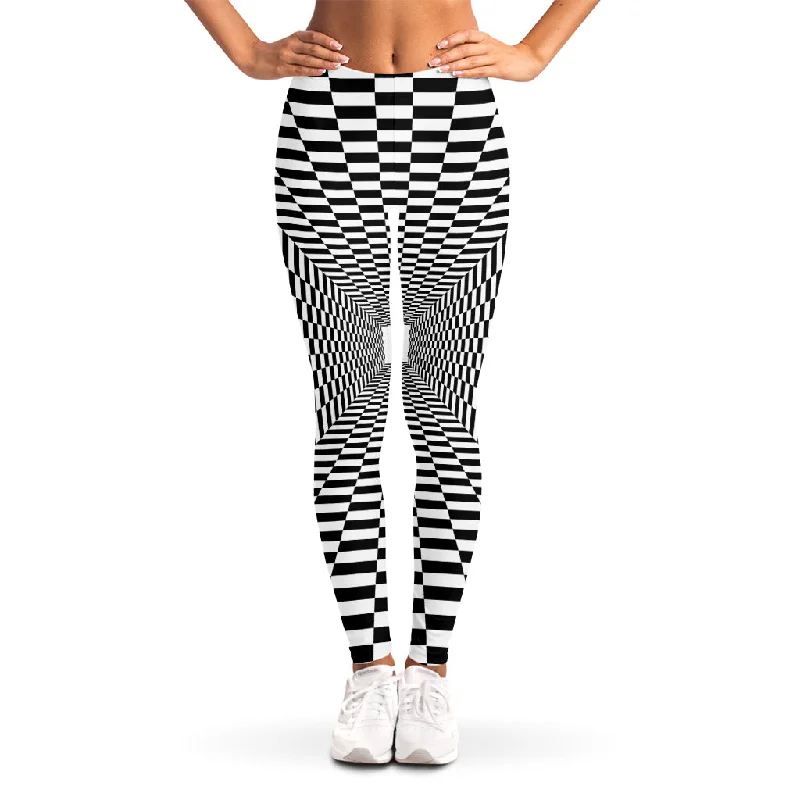 Black And White Tunnel Illusion Print Women's Leggings Elegant Stretchy Faux Leather Leggings