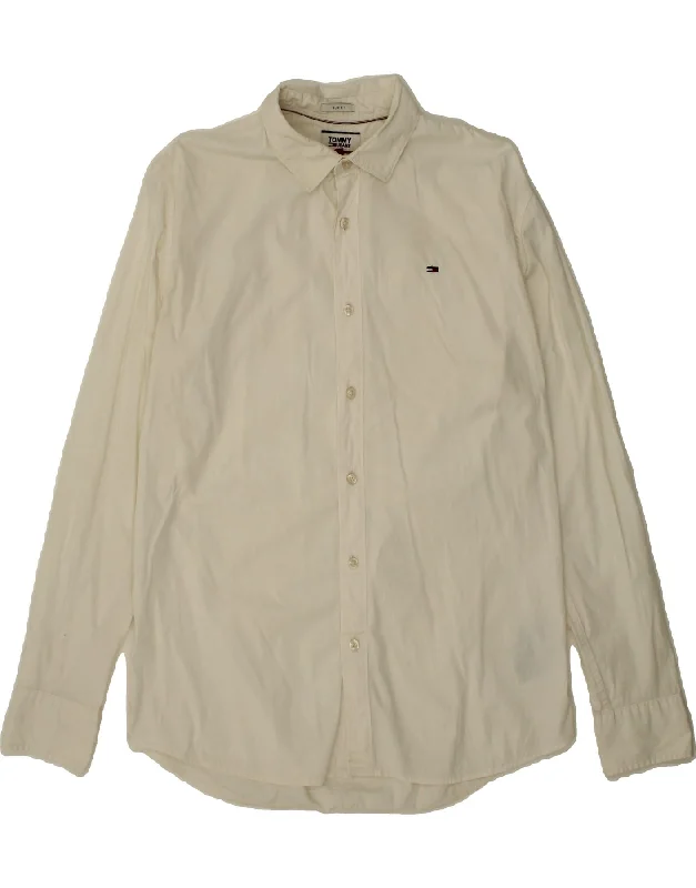 TOMMY HILFIGER Mens Slim Fit Shirt Large White Cotton Collared Crew Neck Turtle Neck
