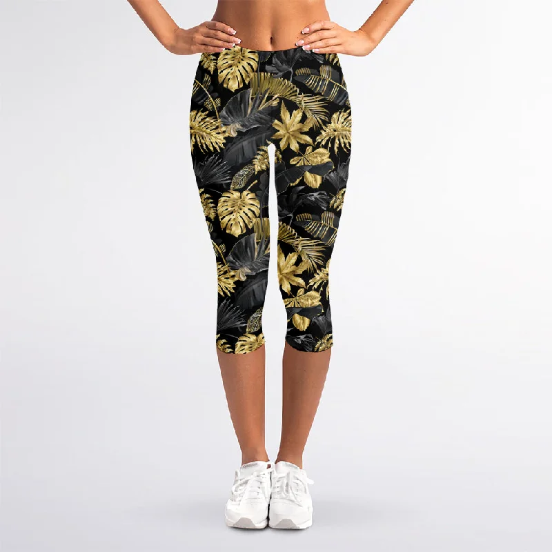 Black And Gold Tropical Pattern Print Women's Capri Leggings Cozy Warmth Leggings
