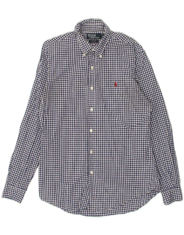 POLO RALPH LAUREN Mens Custom Fit Shirt Medium Navy Blue Gingham Cotton Welt Pockets Slit Pockets