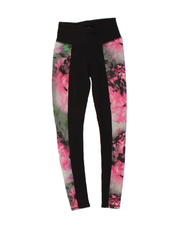ATHLETA Womens High Waist Leggings UK 0 2XS Black Floral Nylon Fashionable Printed Legging Pants
