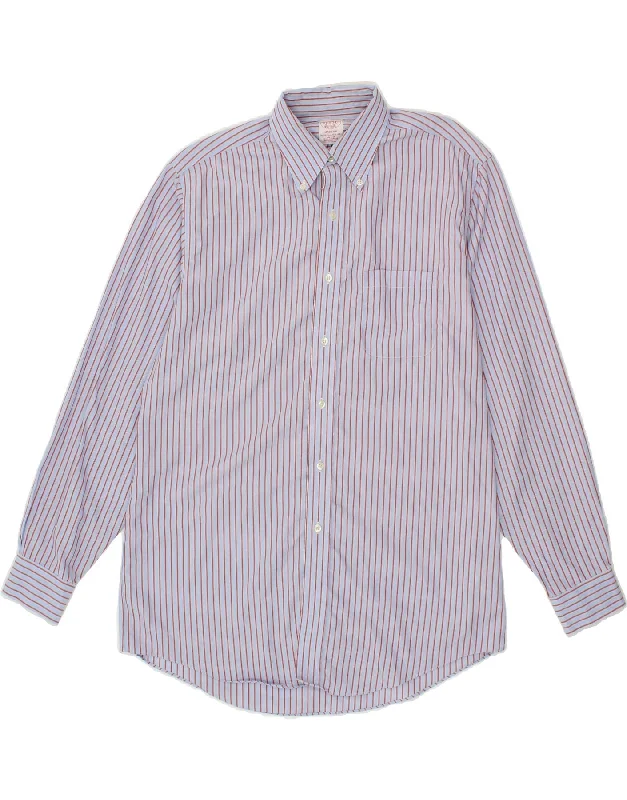BROOKS BROTHERS Mens Madison Shirt Size 15 1/2 Medium Blue Striped Cotton Collared T-Shirt Boat Neck A-Line