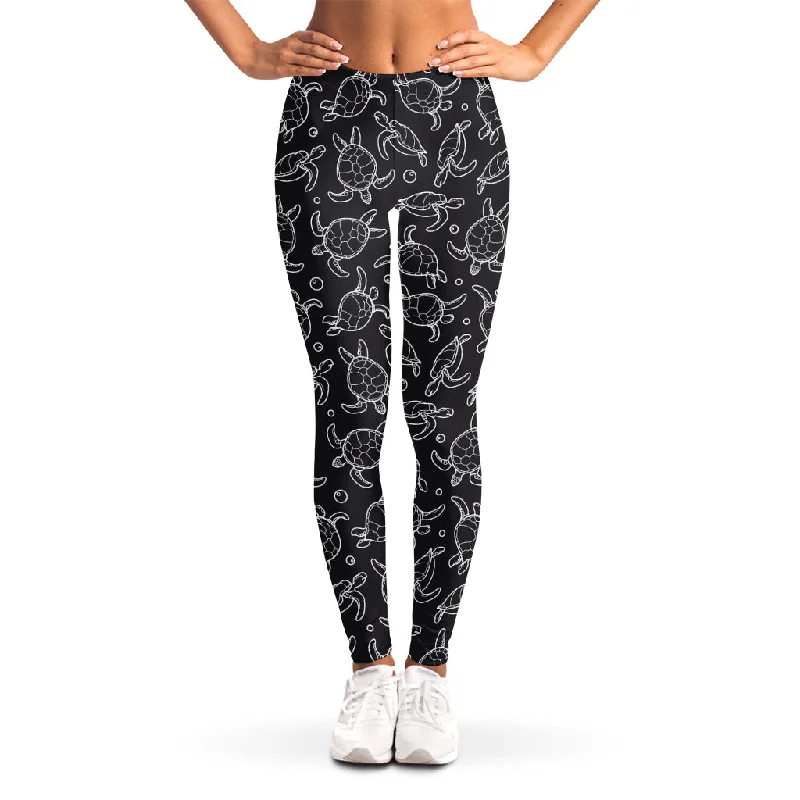 Black And White Sea Turtle Pattern Print Women's Leggings Stylish Side-Stripe Leggings